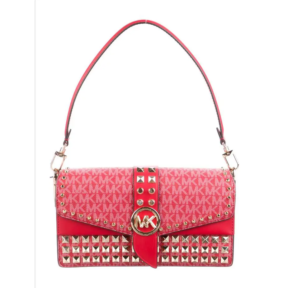 Michael Kors Greenwich Medium Studded Shoulder Bag - Handle/Strap: Red, Hardware: Gold, Exterior: Crimson