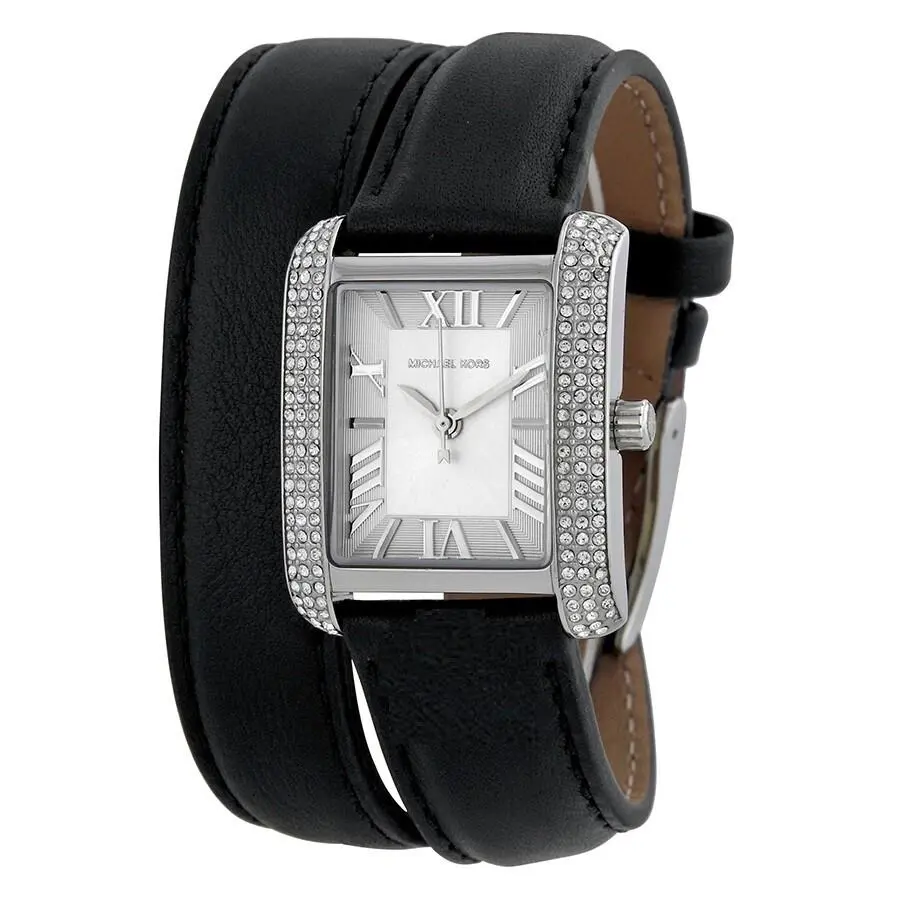 Michael Kors Emery Silver Black Double Wrap Leather Band Crystal WATCH-MK2359 - Dial: Silver, Band: Black, Manufacturer Face: SILVER