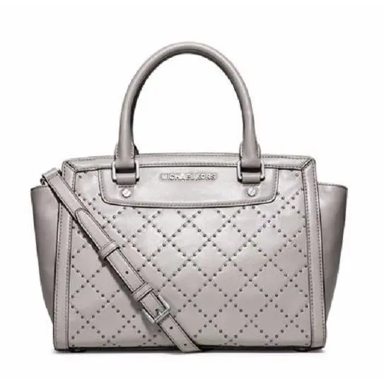 Michael Kors Selma Microstud Quilted MD Stud Satchel Pearl Grey Bag Tote