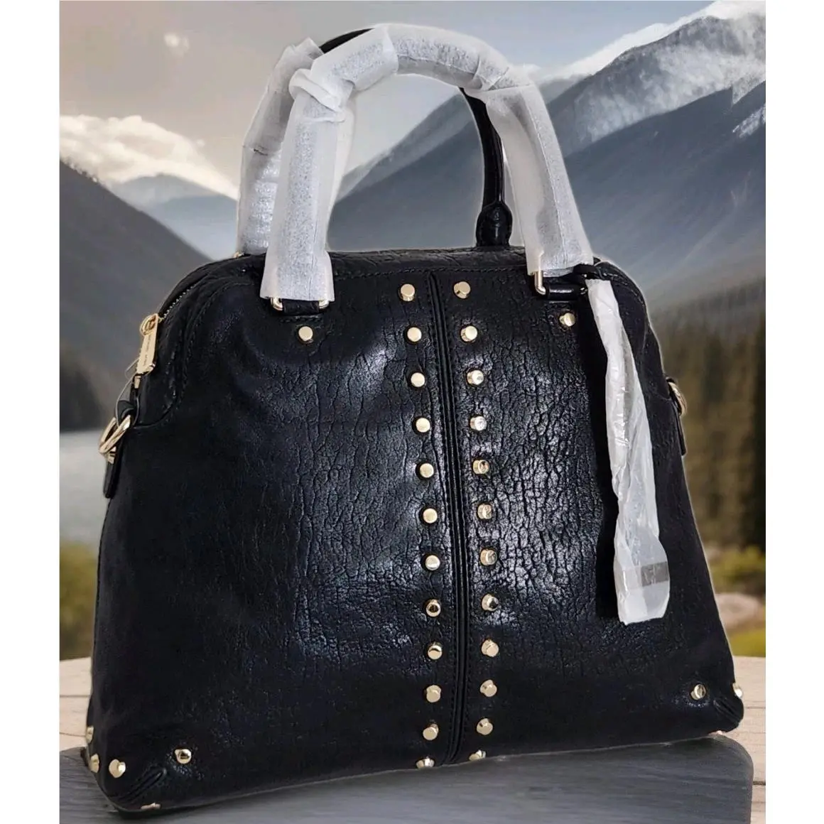 Michael Kors Uptown Astor Gold Stud Black Leather Large Satchel Bag