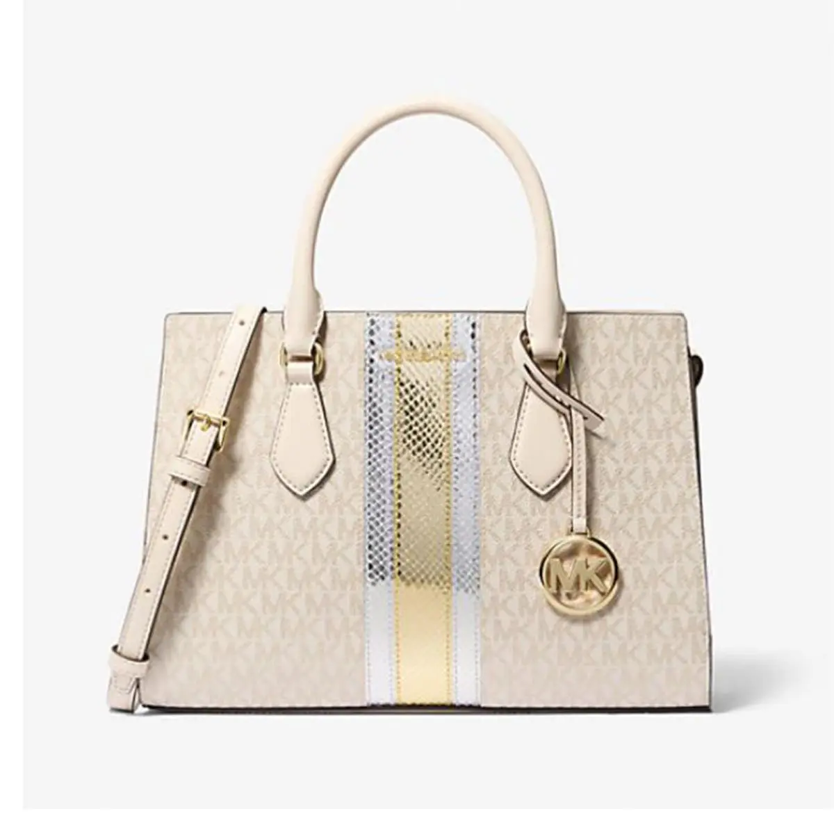Michael Kors Sheila Medium Signature Logo and Metallic Satchel 35F4G6HS3V-Plgold