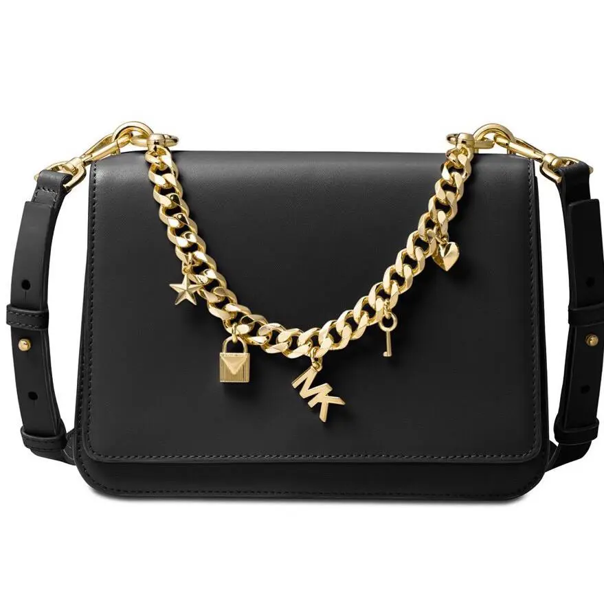 Michael Kors Mott Large Charm Swag Shoulder Bag Black Leather Gold Cha