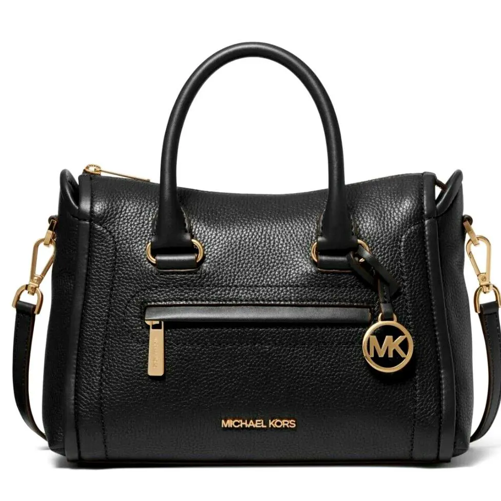 Michael Kors Carine Medium Black Leather Gold Logo Crossbody Satchel Bag