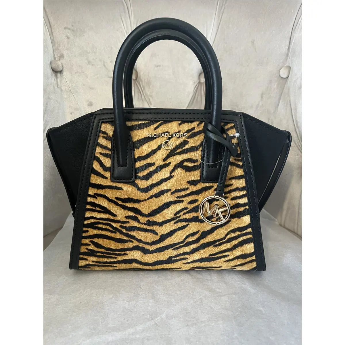 Michael Kors Avril Leopard Animal Haircalf Small Top Zip Satchel Bag Handbag