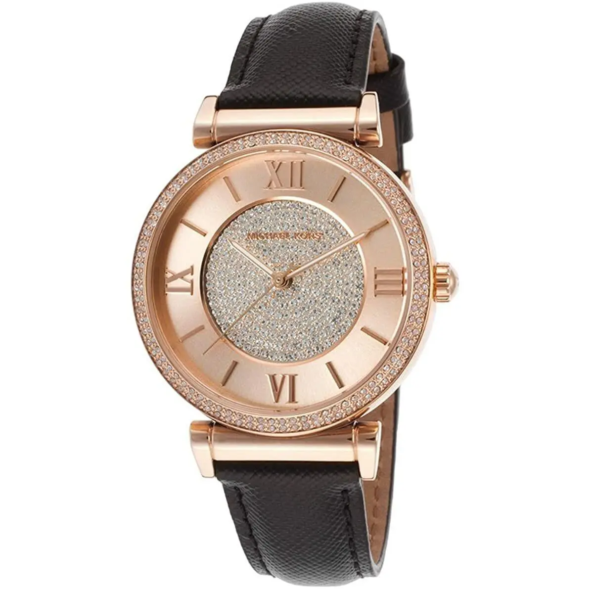 Michael Kors Catlin Rose Gold Black Saffiano Leather Band Crystals WATCH-MK2376