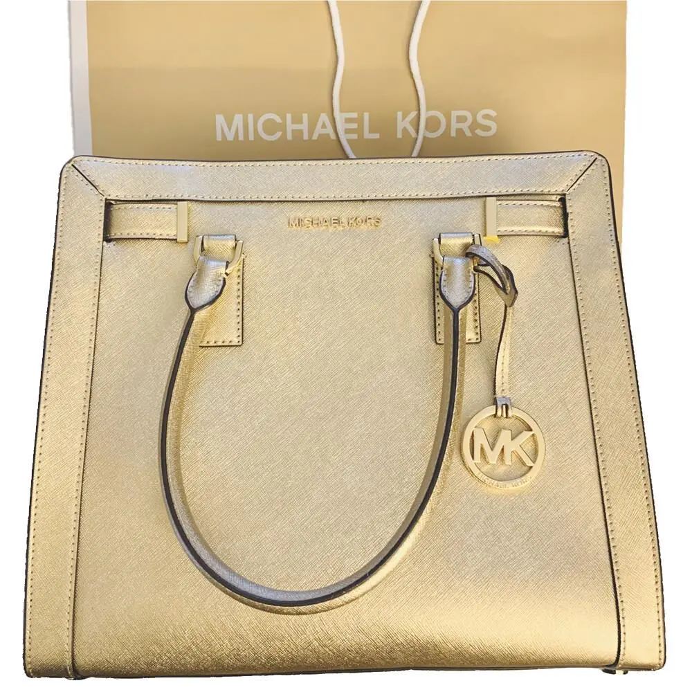 Michael Kors Dillon Large Satchel Crossbody Gold Saffiano Leather Bag