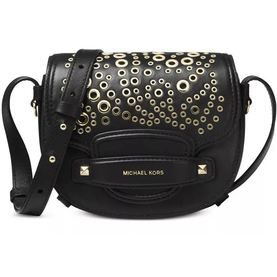 Michael Kors Embellished Leather Saddle Crossbody Black Gold Stud Flap