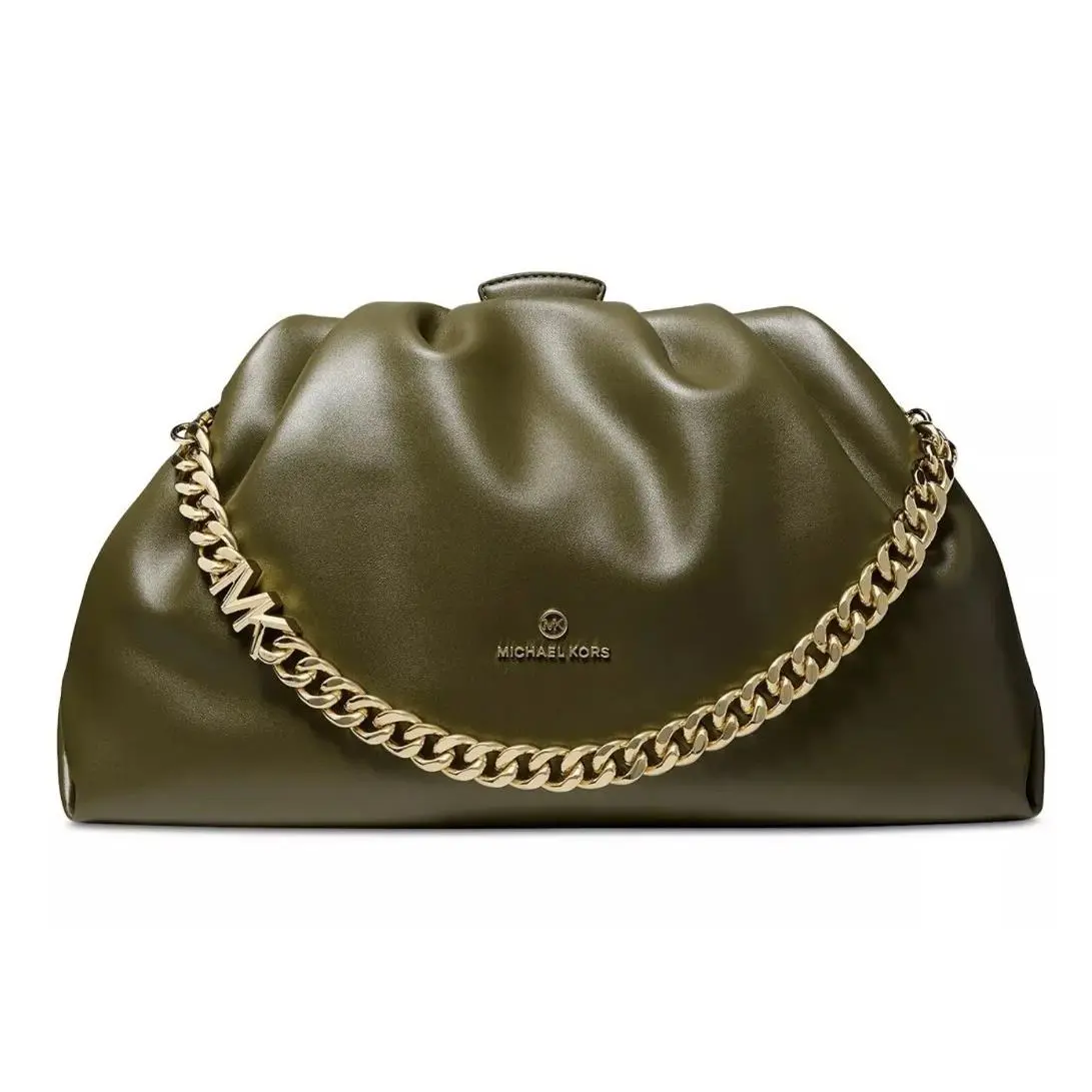 Nola Extra-large Leather Clutch Olive Green Gold HW Kiss Lock by Michael Kors