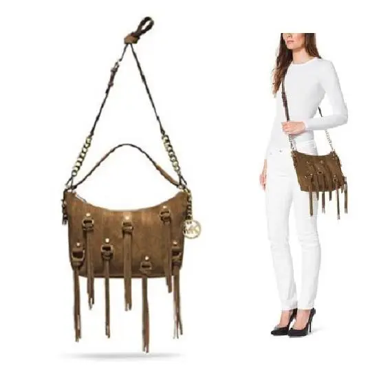 Presley Dark Caramel Brown Suede Gold Fringe Shoulder Bag Crossbody by Michael Kors