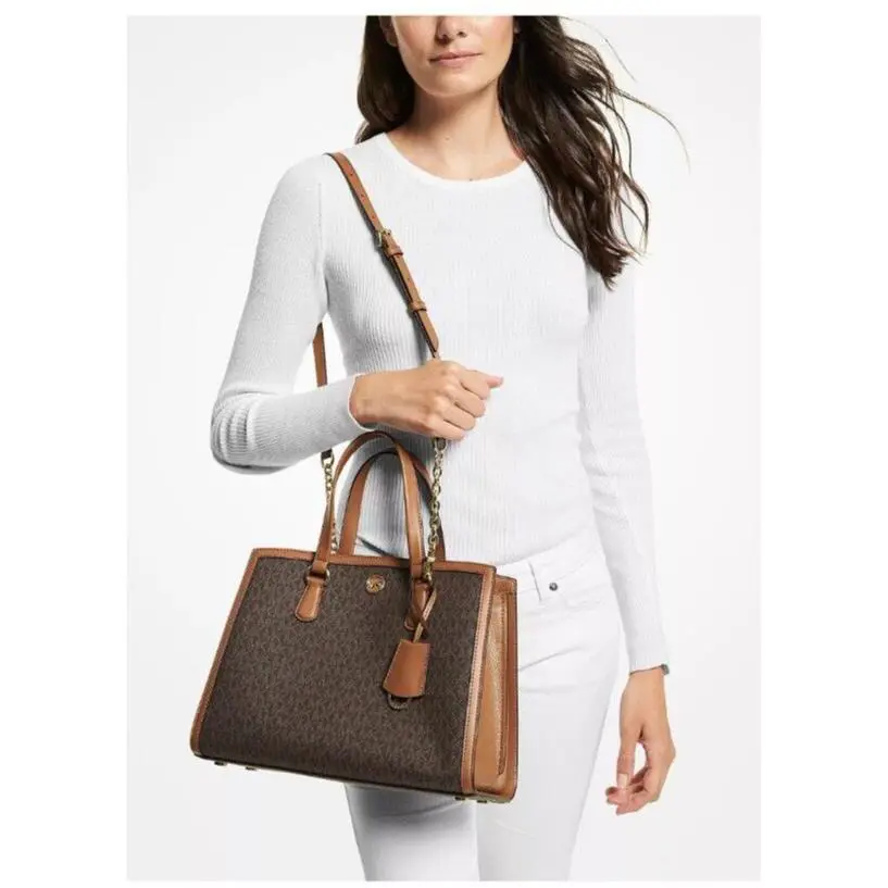 Michael Kors Chantal Medium Satchel/crossbody Brown/acorn Signature Dust Bag - Handle/Strap: Brown, Hardware: Gold, Exterior: Brown/Acorn/Gold