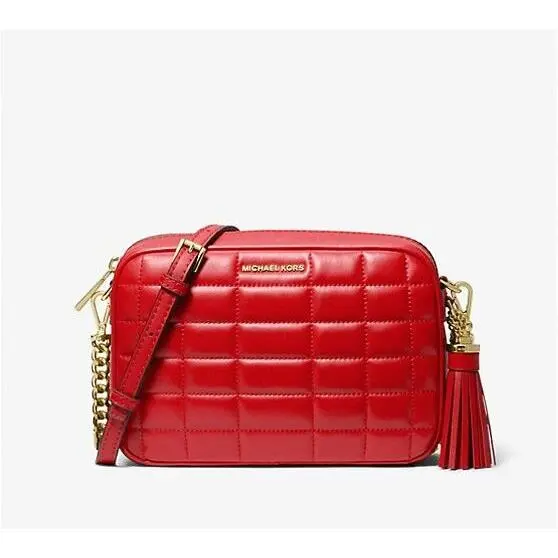 Michael Kors Lacquer Red Gold Jet Set Medium Quilted Leather Crossbody Bag