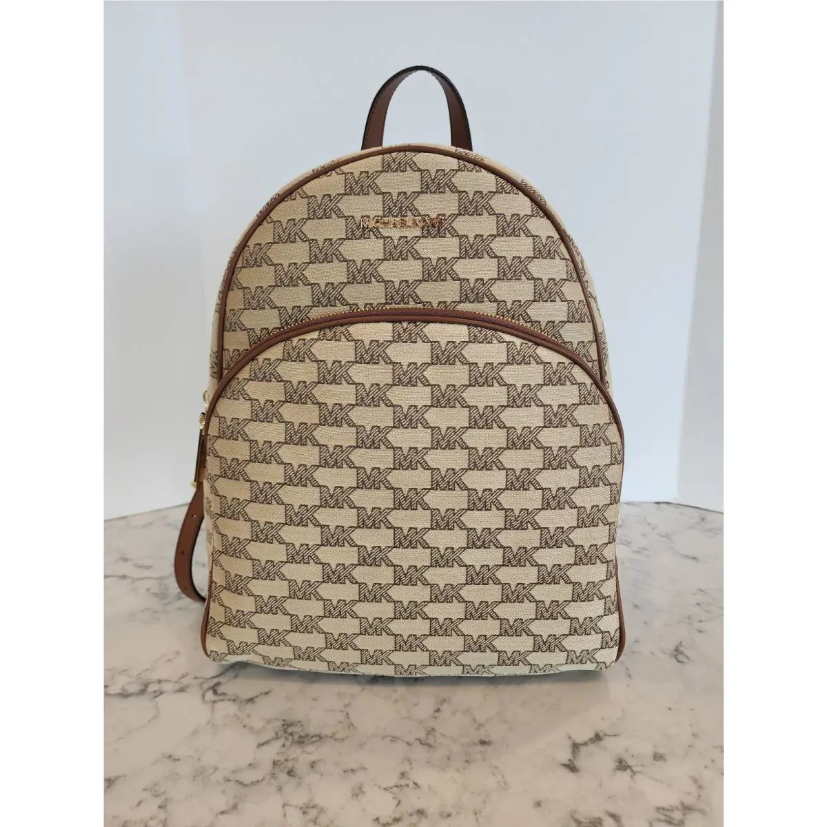 Michael Kors Abbey Large Backpack MK Signature Jacquard Logo Biege/ebony/luggage