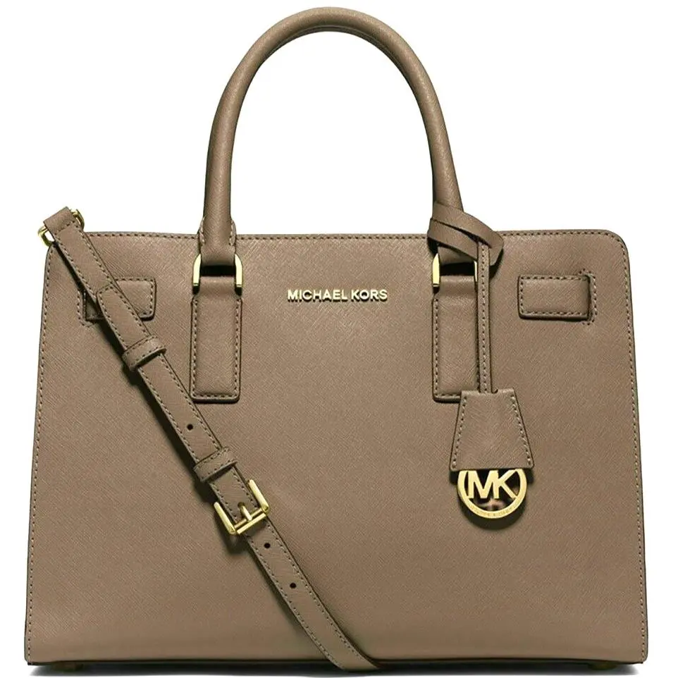 Michael Kors Dillon Dark Dune Taupe Leather Gold EW Satchel Bag Purse
