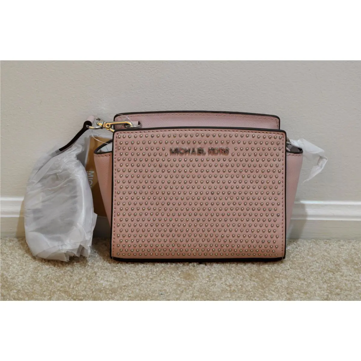 Michael Kors Selma Studded Saffiano Leather Mini Messenger Crossbody Blossom