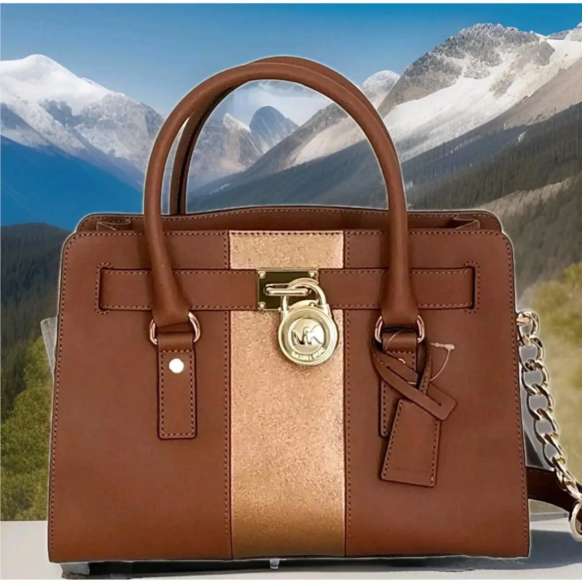 Michael Kors Hamilton Center Stripe Luggage Saffiano Leather Satchel Bag