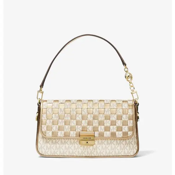Michael Kors Bradshaw Small Woven Logo Metallic Leather Shoulder Bag