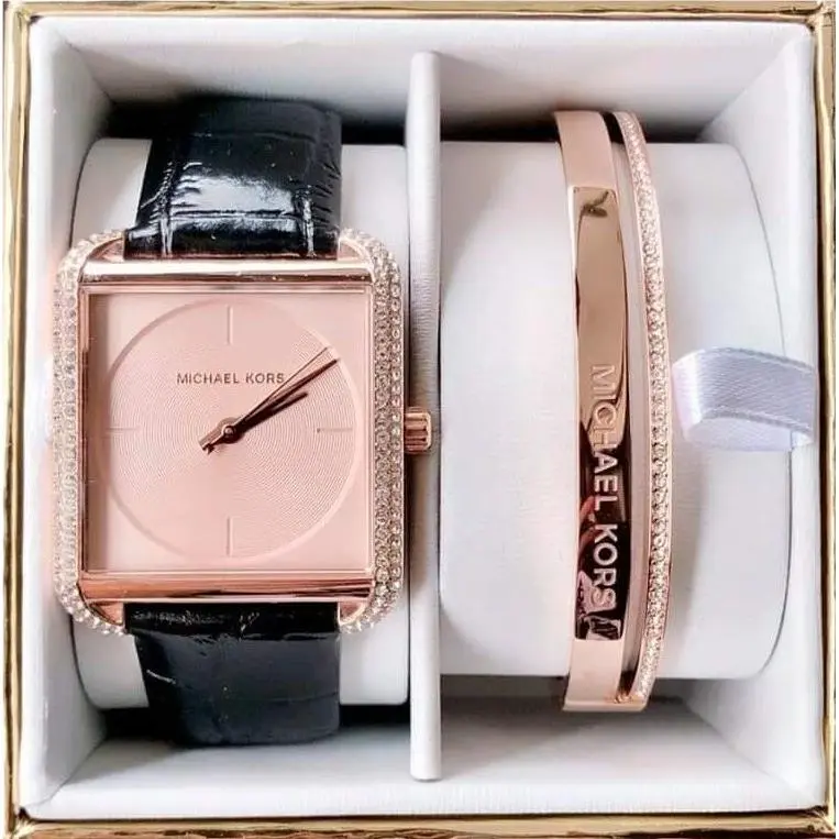 Lake 2 PC Rose Gold Watch Black Leather Pave Bangle WATCH-MK3830 by Michael Kors