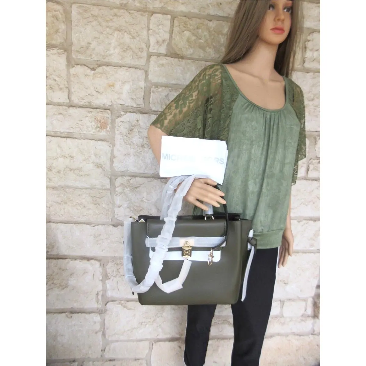 Michael Kors Hamilton Legacy Large Leather Belted Satchel Olive Green Dust Bag