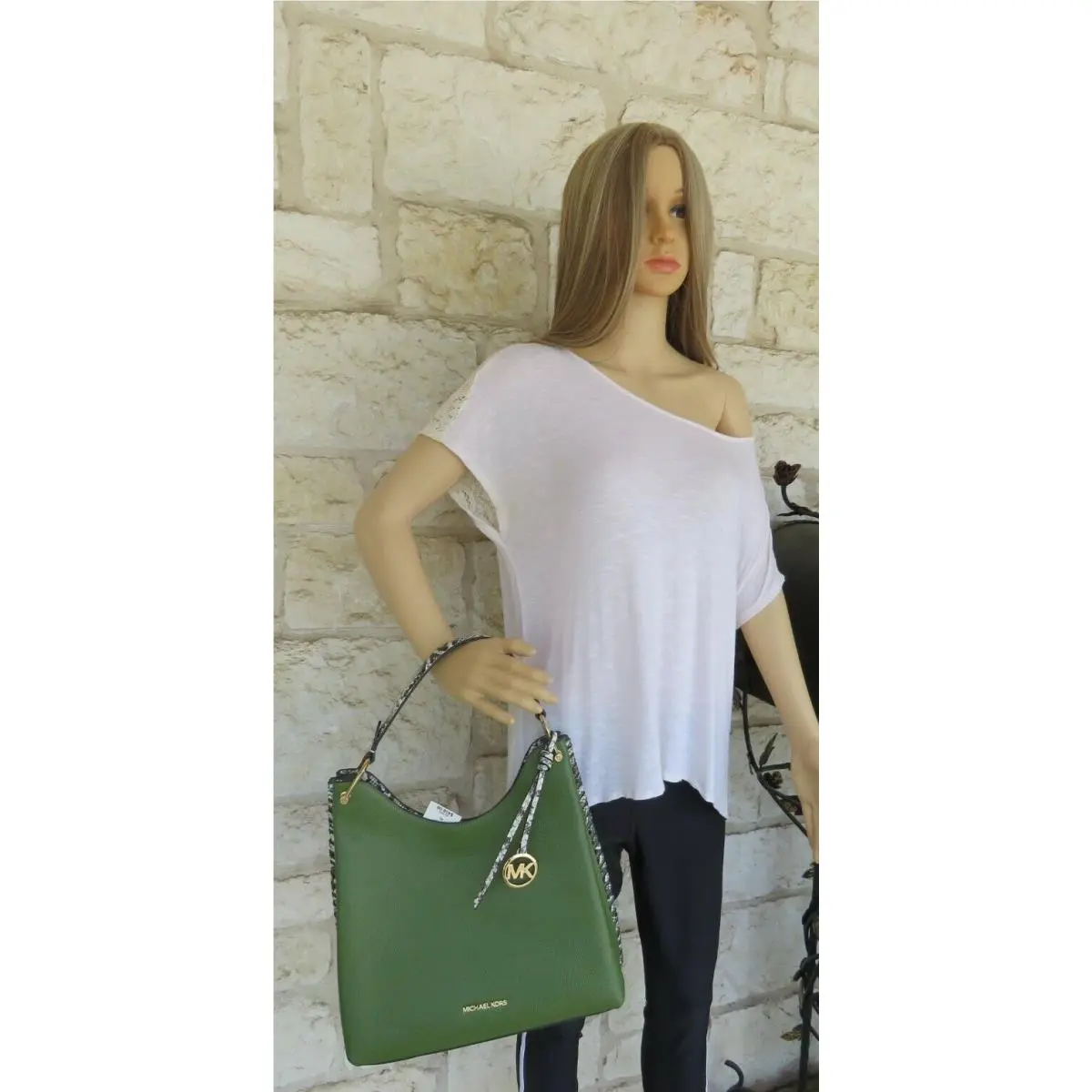 Michael Kors Joan MD Unique Shoulder Hobo Leather Green Snake Embossed