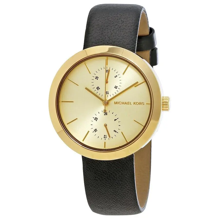 Michael Kors Garner Gold Tone Black Leather Band Multi-function Watch MK2574 - Dial: Yellow Gold, Band: Black