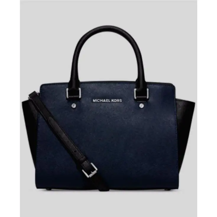 Michael Kors Selma Saffiano Leather Colorblock Navy Black Side Handbag Tote