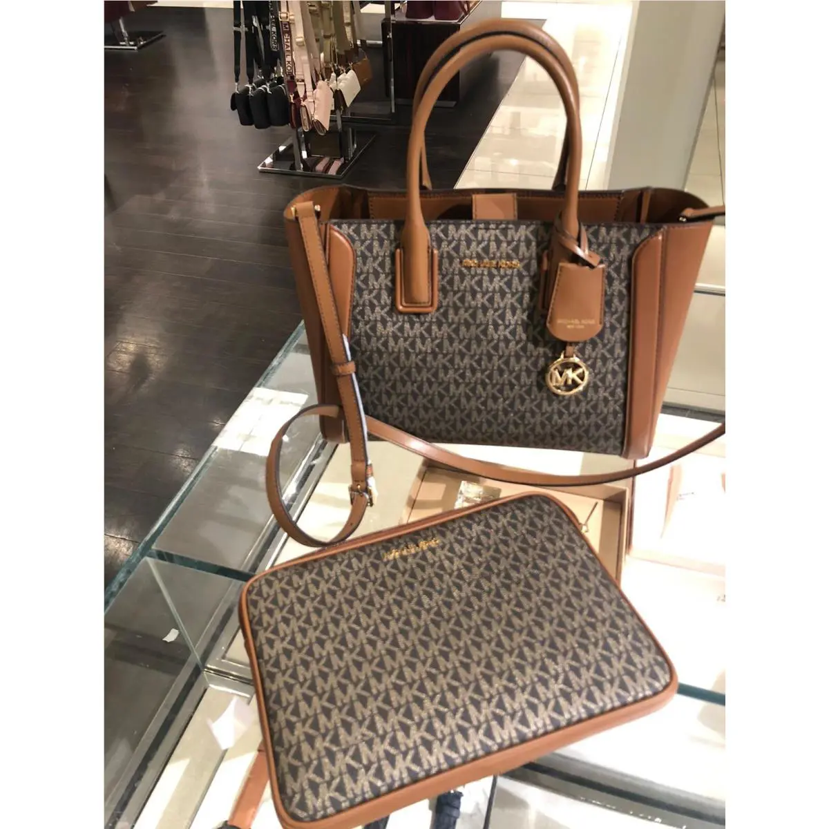 Michael Kors Kali Medium Satchel Ipad Case Tote Purse Handbag MK Signature Brown