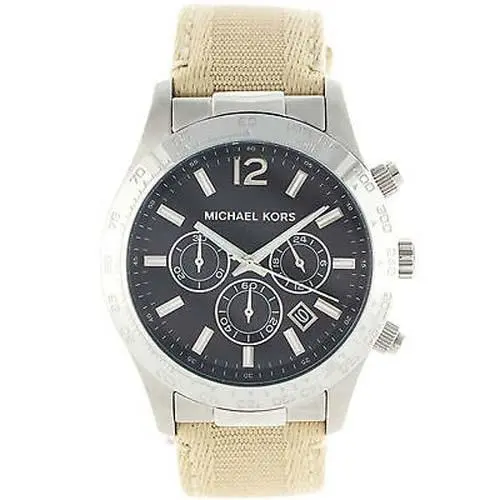 Michael Kors MK8187 Layton Khaki Beige Canvas Band Black Dial Chronograph Watch - Dial: Black, Band: Beige