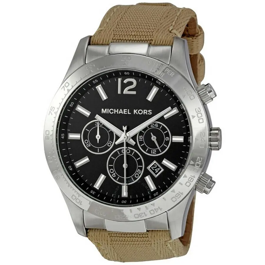 Michael Kors Layton Khaki Beige Canvas Band Black Dial Chronograph Watch MK8187 - Dial: Black, Band: Beige