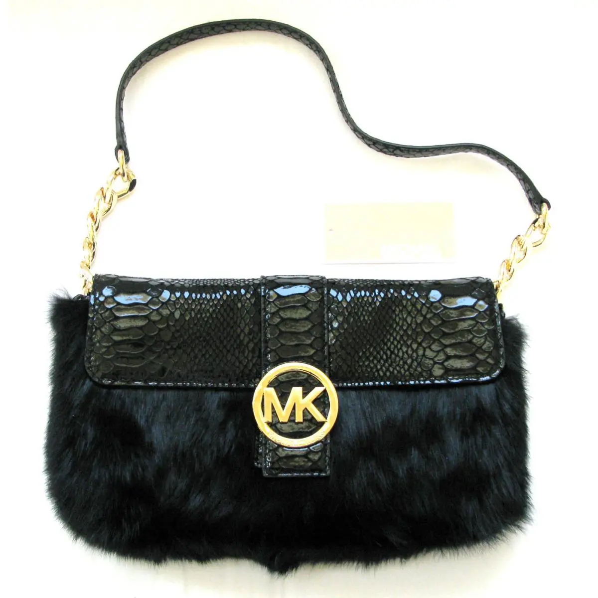 Michael Kors Fulton Black Rabbit Fur+python Leather+gold Clutch Shoulder Bag