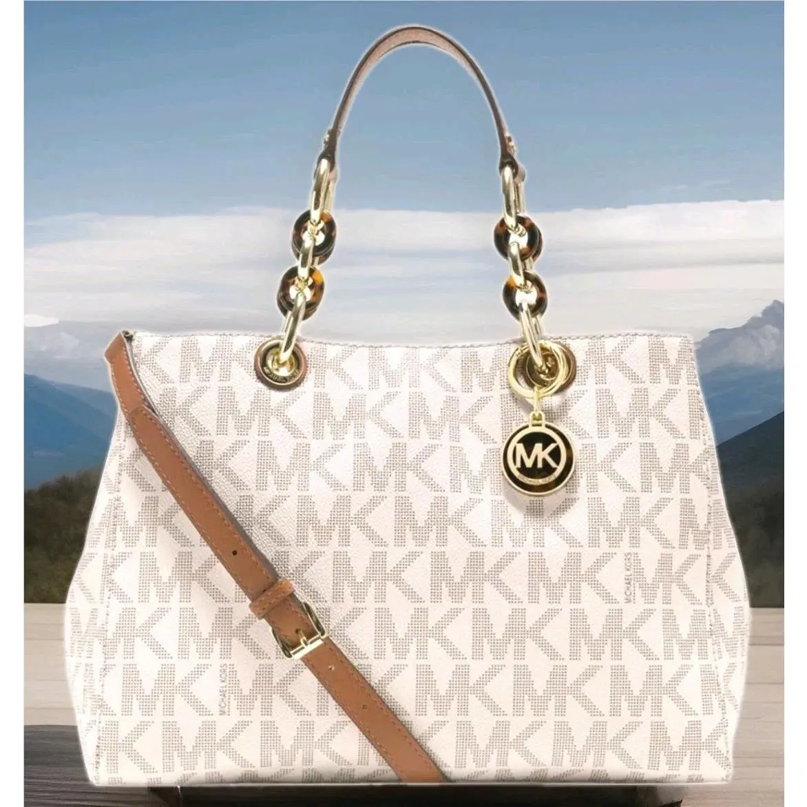 Michael Kors Cynthia Vanilla Logo Monogram Medium Satchel Bag Crossbody