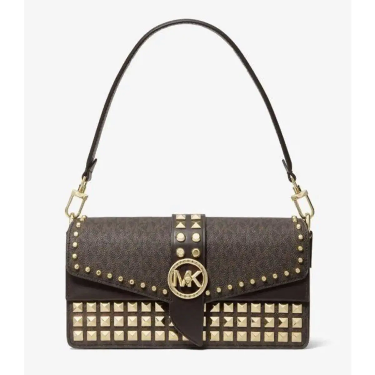 Michael Kors Greenwich Medium Studded Logo Shoulder Bag Chocolate
