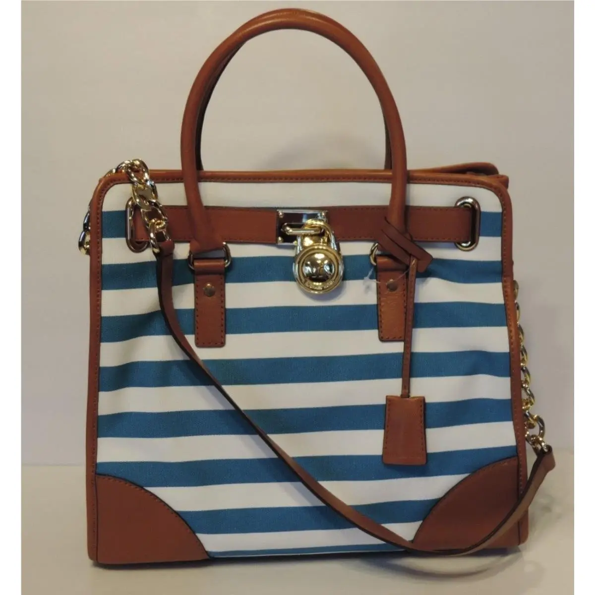 Hamilton Canvas Striped Large North South Tote Bag Stripe Blue by Michael Kors