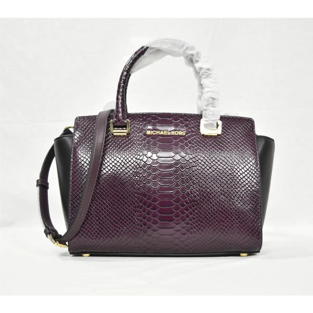 Michael Kors Medium Selma Snake-embossed-leather Satchel in Damson / Black