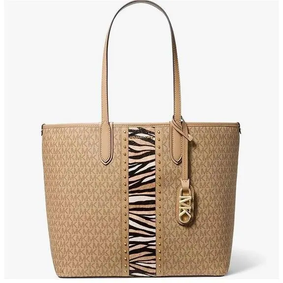 Michael Kors Travel Eliza Large East West Open Tote Camel Studs Zebra Stripe