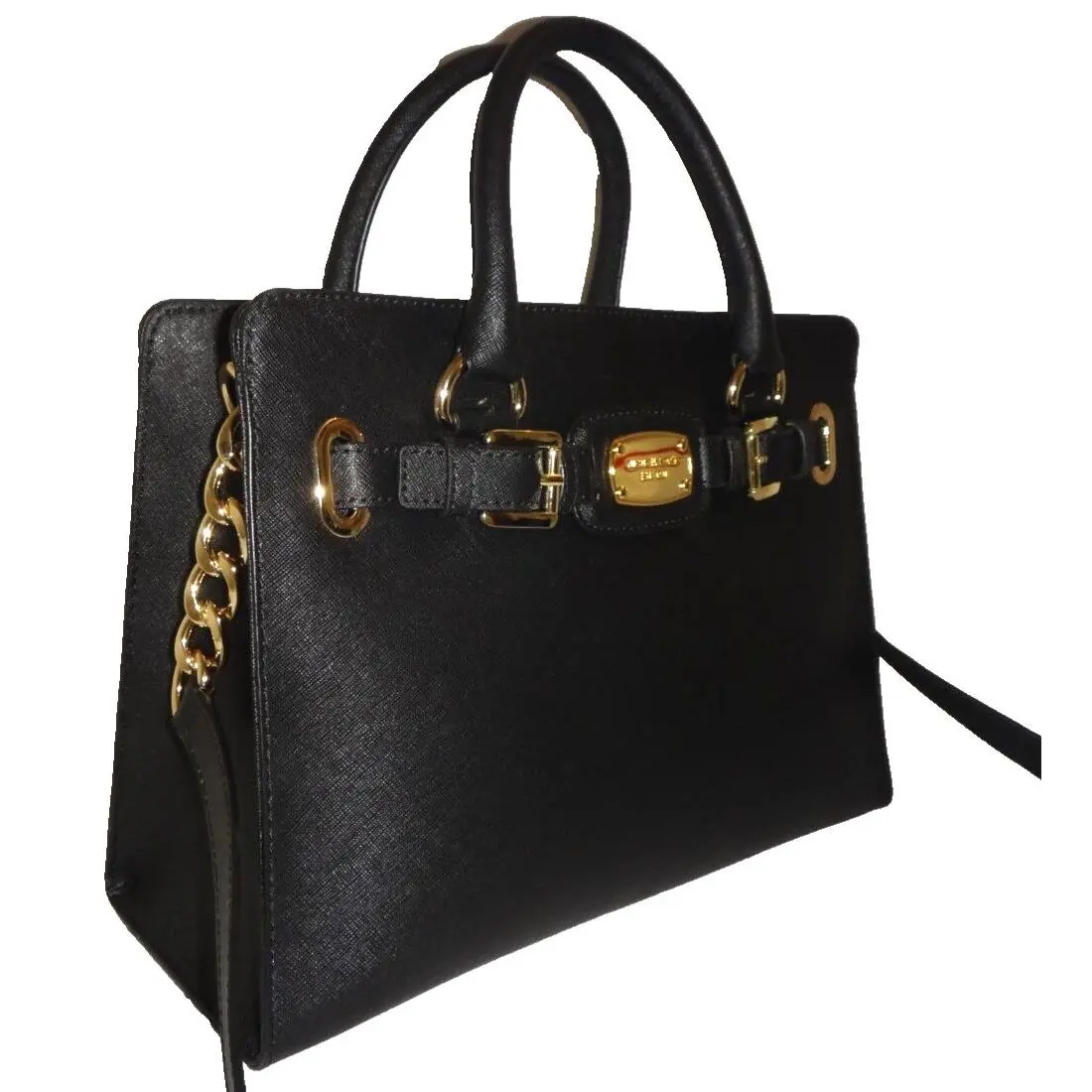 Michael Kors Hamilton Womens MK EW Satchel Bag Black Saffiano Leather 38H7XHMS3L