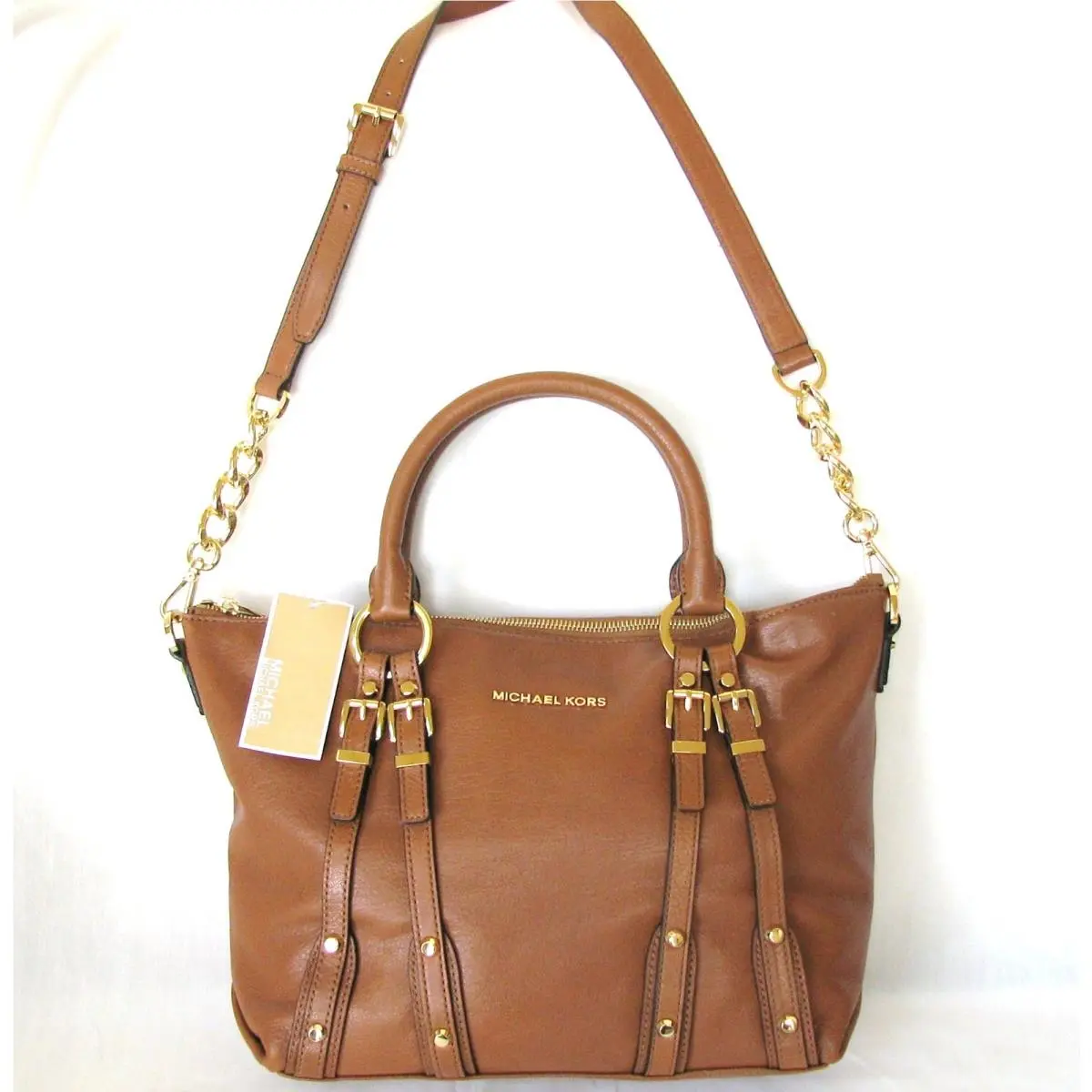 Michael Kors Medium Leigh Luggage Brown Leather Satchel Crossbody Purse Hand Bag