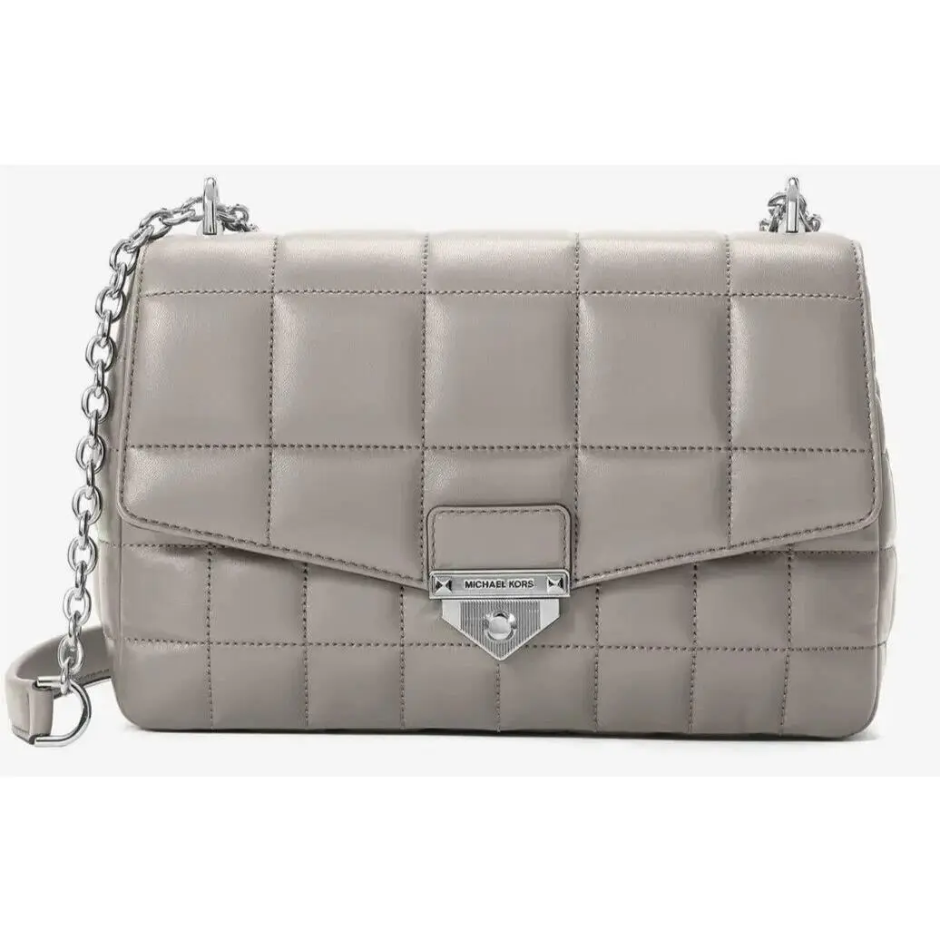 Michael Kors Soho X-large Pearl Gray Silver Quilted Leather Crossbody Bag