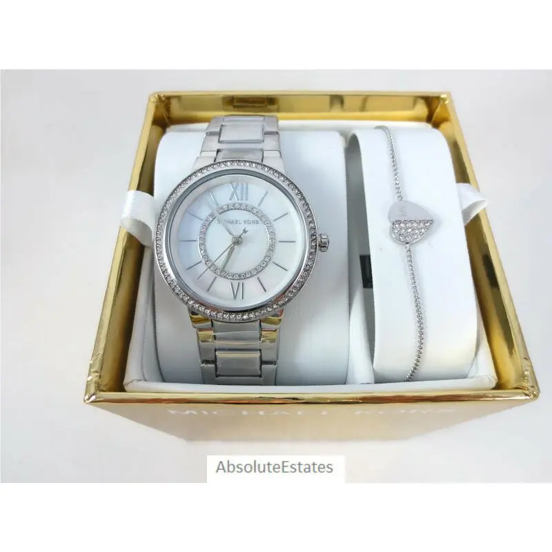 Gabbi Silver Crystal Watch Heart Bracelet Set MK1033 by Michael Kors