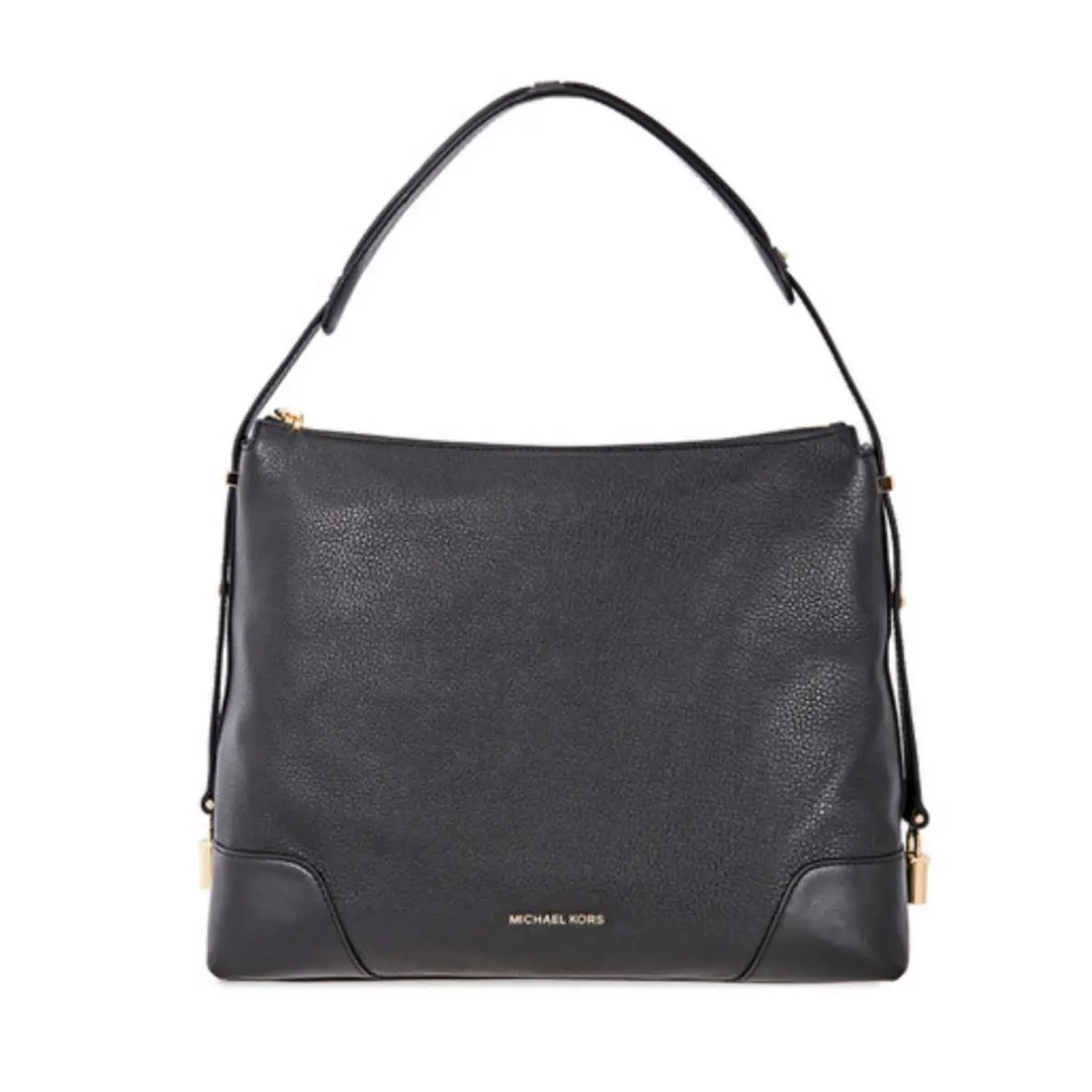 Michael Kors Crosby MK LG Zip Shoulder Bag Black Leather Gold Padlock 30H8GCBL3L