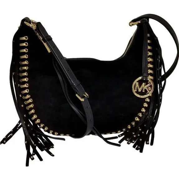 Michael Kors Rhea Grommet Black Suede Gold Studs Fringes Slouchy Shoulder Bag
