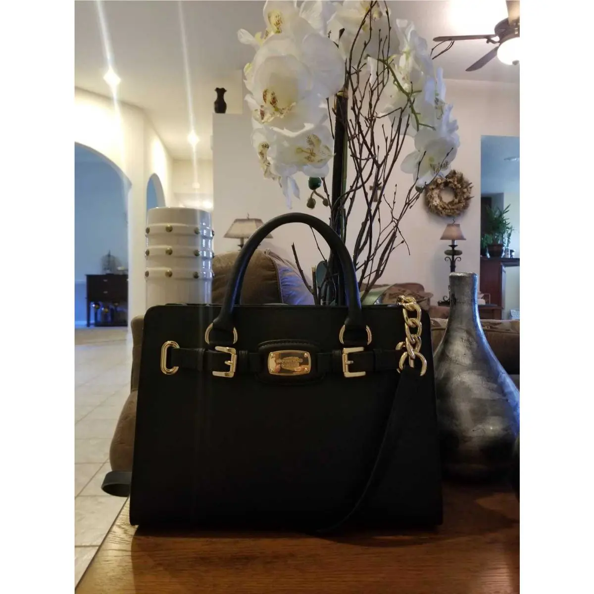 Michael Kors Hamilton Handbag Bag MK Purse Crossbody Satchel Black Gold