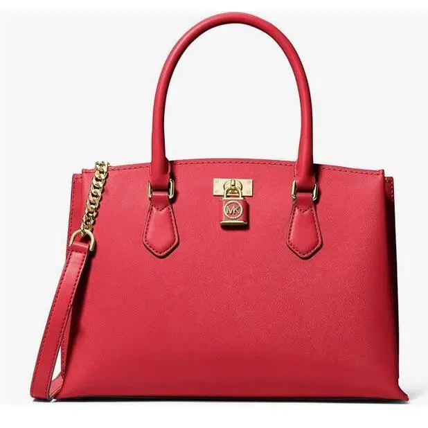 Michael Kors Ruby Crossgrain Leather Med Satchel Shoulder Bag Crimson/gold