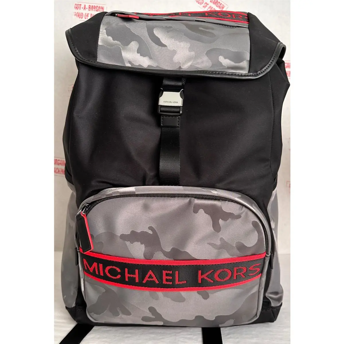 Michael Kors Kent Sport Grey Multi Camouflage Nylon Flap Pocket Large Backpack