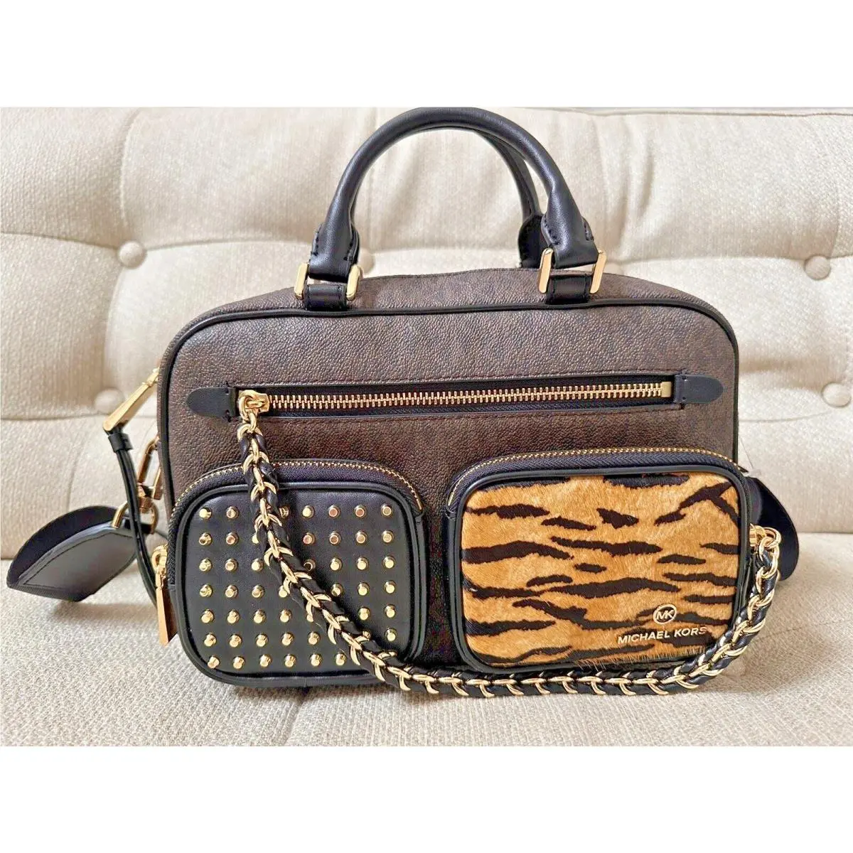 Michael Kors Signature Elliot Studded Messenger Bag Brown Tiger Print Calf Hair