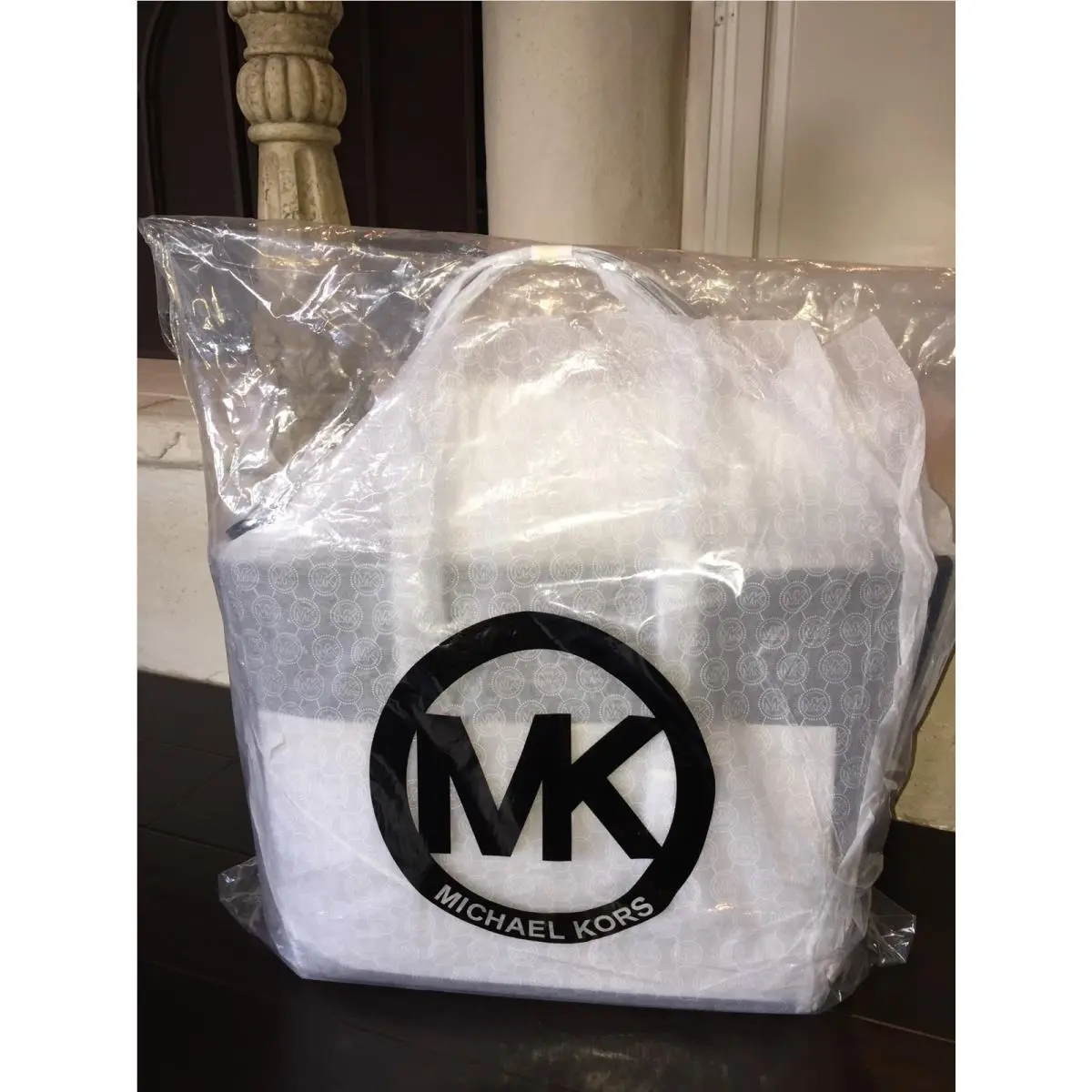 Microstud Center Stripe Medium Travel Tote Black MK Wrap by Michael Kors
