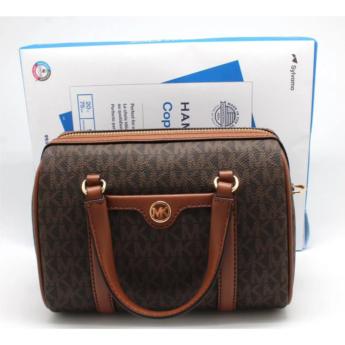 Michael Kors Jet Set Small Signature Logo Duffel Crossbody Bag Brown
