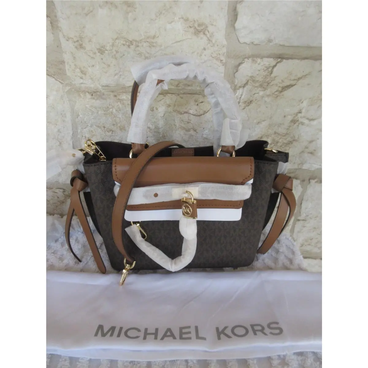 Michael Kors Hamilton Legacy SM Brown Logo /acorn Belted Satchel Crossbody