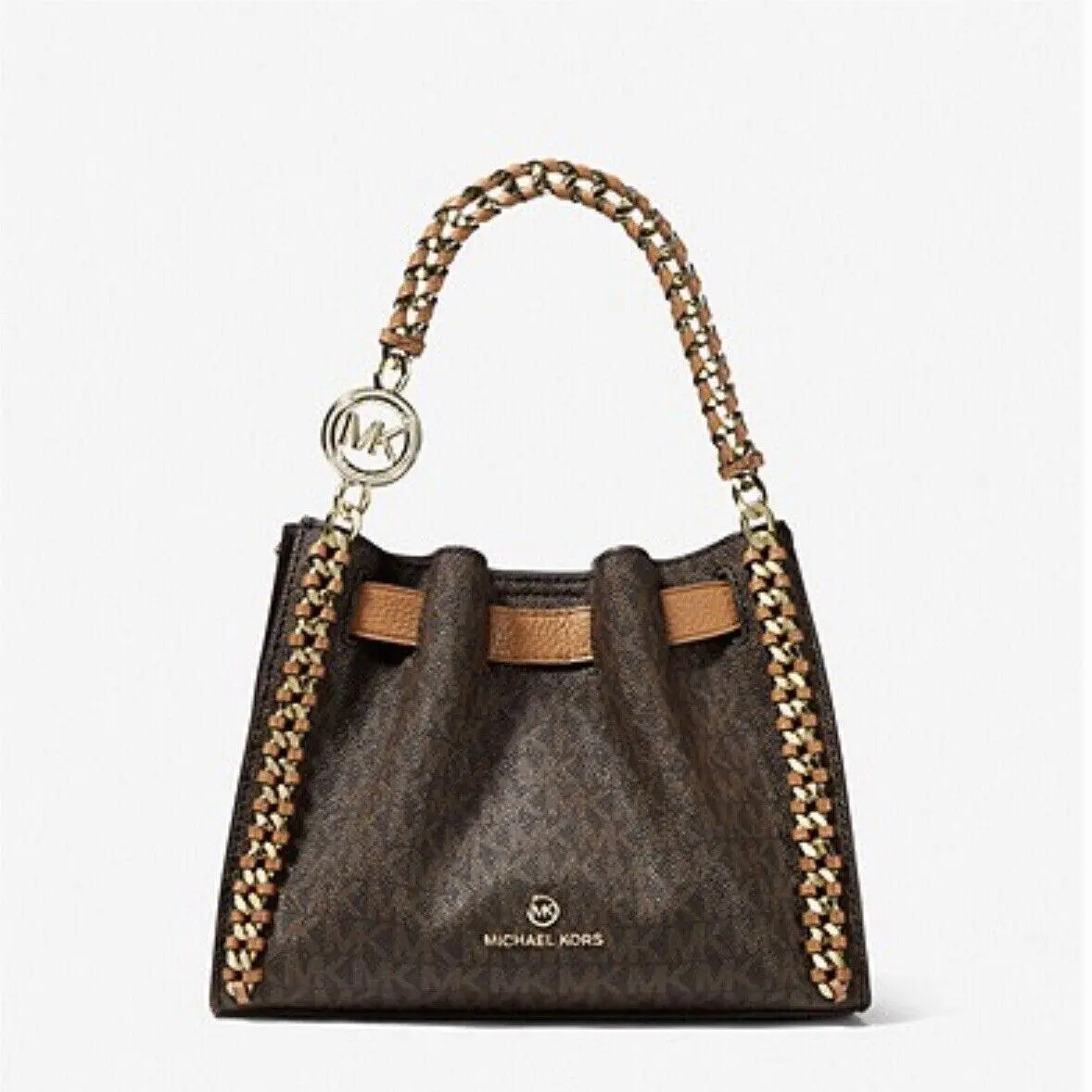 Michael Kors Mina Small Crossbody Bag Logo Brown/acorn Chain/woven Leather