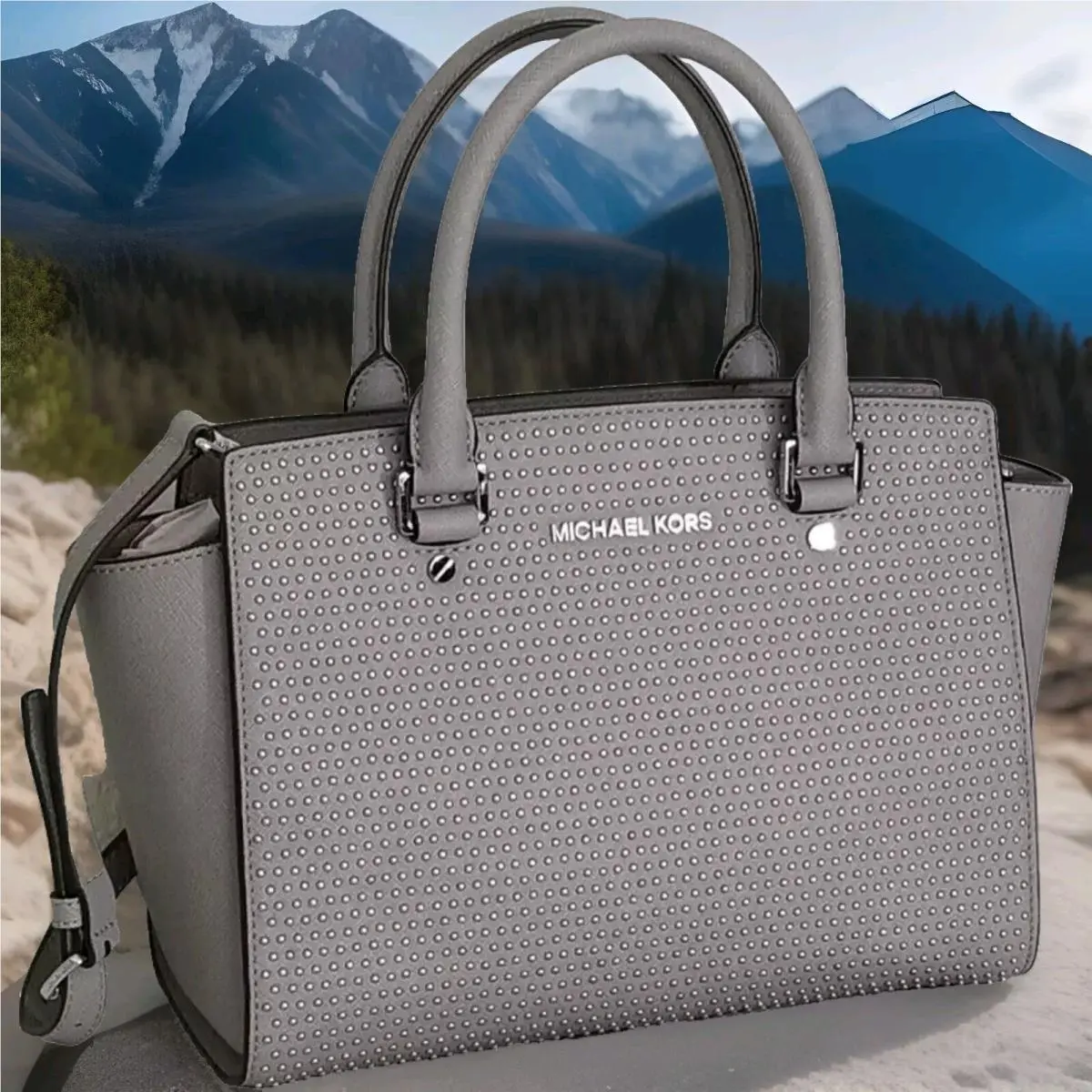 Michael Kors Selma Micro Stud Pearl Gray Leather Crossbody MD Satchel Bag
