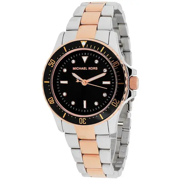 Michael Kors 2 Tone Silver+rose Gold S/steel Black Dial Bracelet Watch MK6121